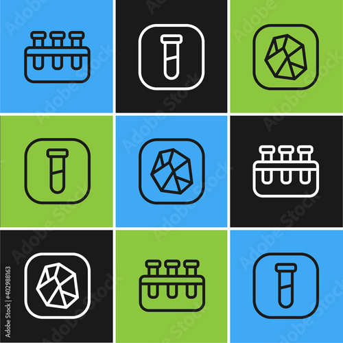 Set line Test tube and flask, Salt stone and icon. Vector.