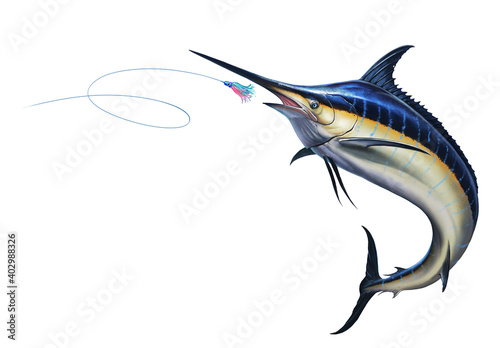 Bild auf Leinwand Big black marlin jumps out of the sea Bait Sea Octopus Skirt