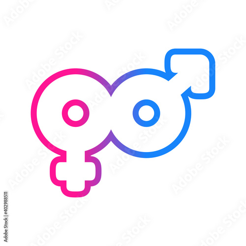 Logotipo sexo heterosexual. Símbolos masculino y femenino unidos en lineas en rosa y azul