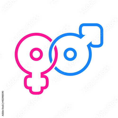 Logotipo sexo heterosexual. Símbolos masculino y femenino unidos en lineas en rosa y azul