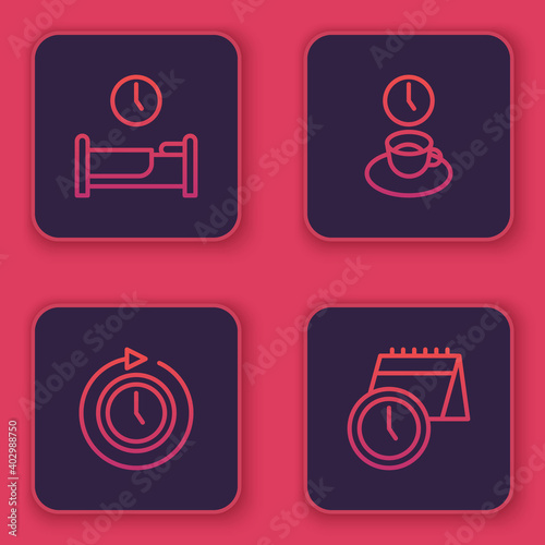 Set line Time to sleep, Clock with arrow, Coffee time and Calendar and clock. Blue square button. Vector.