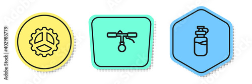 Set line Bicycle sprocket crank, handlebar and Sport bottle with water. Colored shapes. Vector.