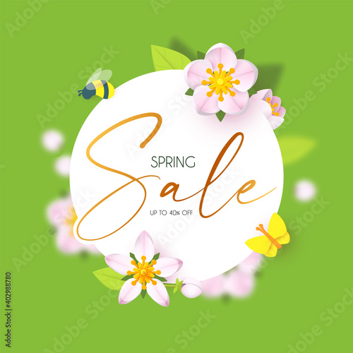 Spring Sale design template with fresh flowers. Cute apple blossom