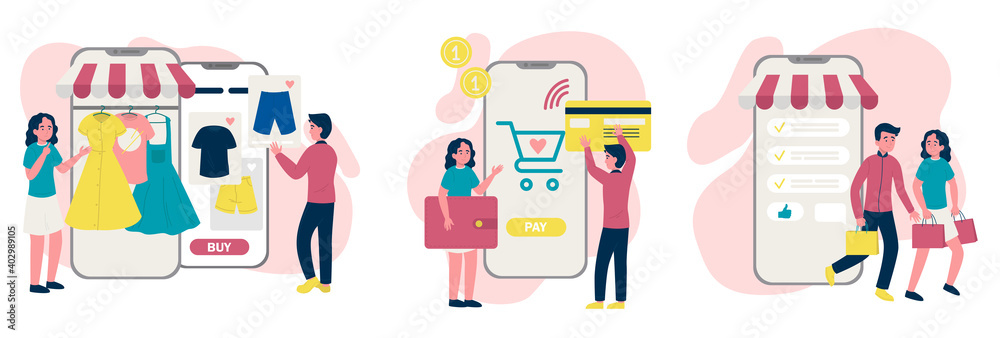 People characters with shopping carts makes an online purchase. People characters with shopping carts makes an online purchase.