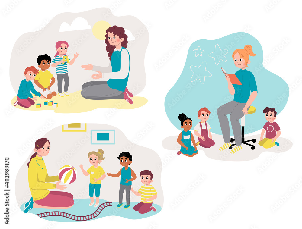 Teacher deals with children in kindergarten. Teacher deals with children in kindergarten.