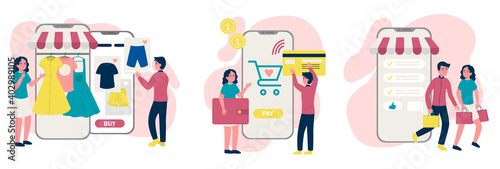 People characters with shopping carts makes an online purchase.