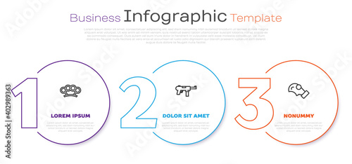 Set line Brass knuckles, Submachine gun M3 and Gas mask. Business infographic template. Vector.