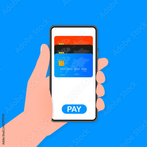 Hand holds phone with Contactless Payment Methods Mobile on blue background. Vector illustration.