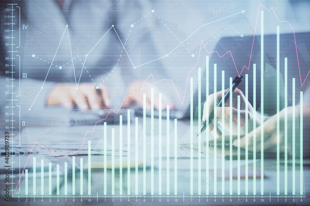 Multi exposure of woman hands typing on computer and forex chart hologram drawing. Stock market analysis concept.
