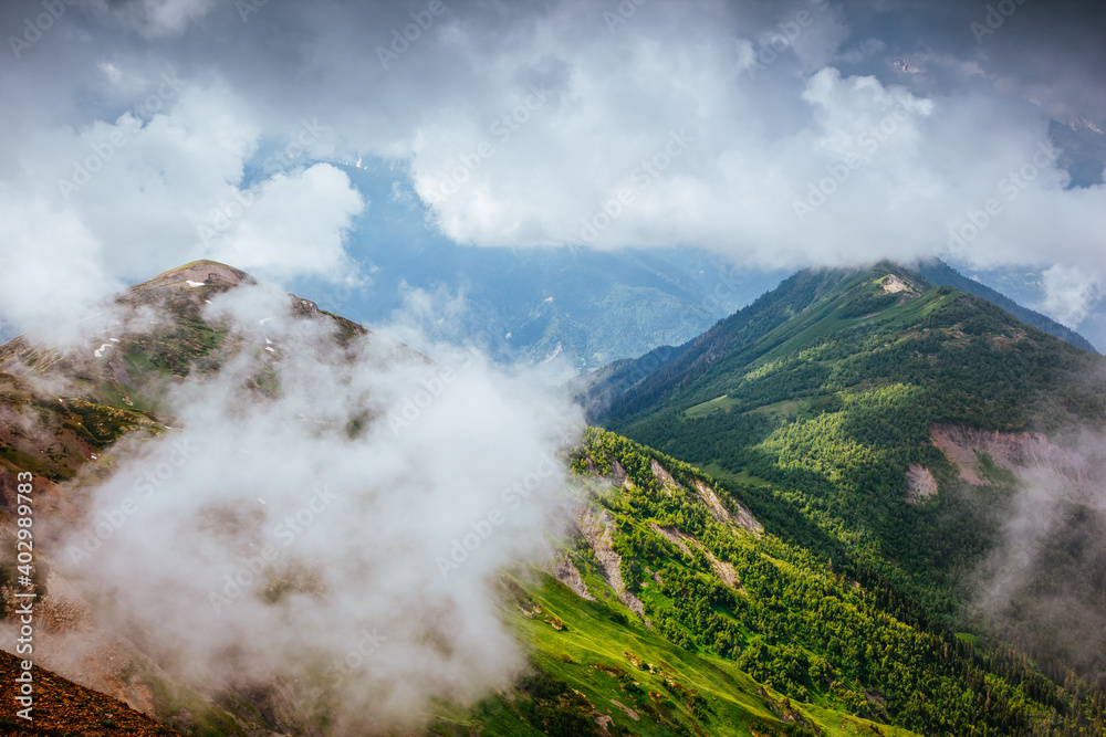 Splendid summer view of alpine landscape at the foot of Mt. Ushba.