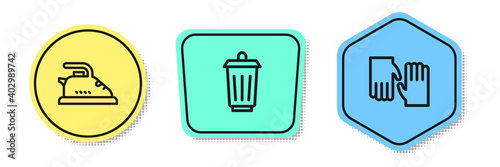 Set line Electric iron, Trash can and Rubber gloves. Colored shapes. Vector.