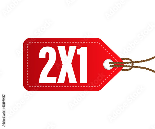 2X1 red half price commercial tag isolated on white background. Vector illustration.
