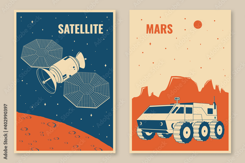 Space posters, banners, flyers. Vector Concept for shirt, print, stamp, overlay or template. Vintage typography design with satellite dishes, rover on the mars and mountain silhouette. - obrazy, fototapety, plakaty 