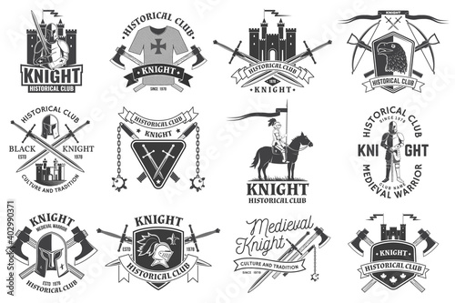 Set of knight historical club badge design Vector Concept for shirt, print, stamp, overlay or template. Vintage typography design with knight, knight on a horse, swords, axe, castle silhouette
