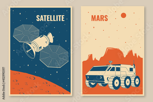 Space posters, banners, flyers. Vector Concept for shirt, print, stamp, overlay or template. Vintage typography design with satellite dishes, rover on the mars and mountain silhouette. photo