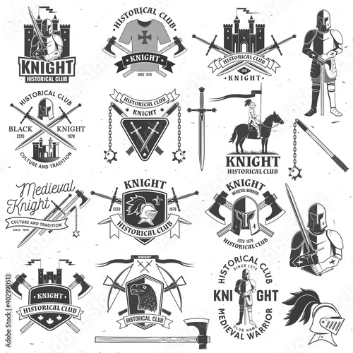 Set of knight historical club badge design Vector Concept for shirt, print, stamp, overlay or template. Vintage typography design with knight, knight on a horse, swords, axe, castle silhouette