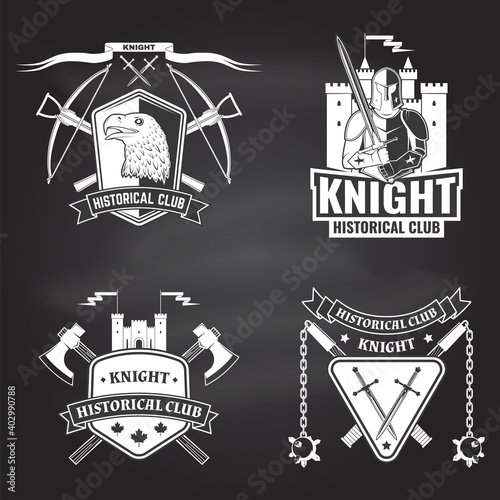 Knight historical club badge design. Vector. Concept for shirt, print, stamp, overlay or template. Vintage typography design with crossbows, eagle, battle axe, flail and shield silhouette