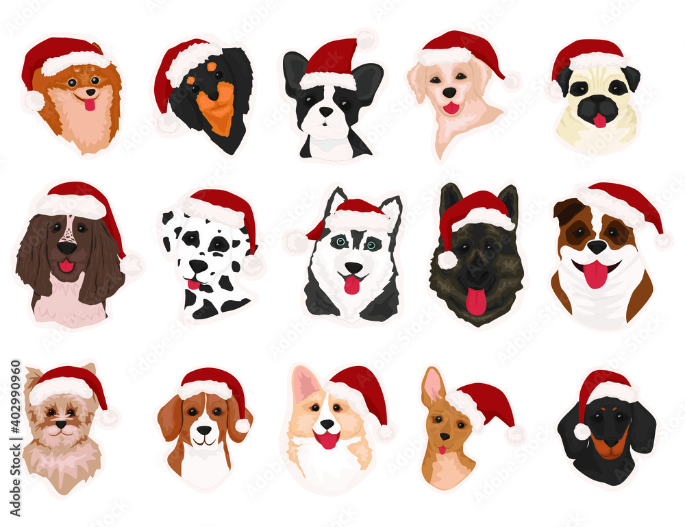 Cute doodle corgi for Christmas. Cute dogs in Santa Claus hat. Collection of funny dogs of different breeds. Merry Christmas and Happy New Year 2021. Vector illustration Cute doodle corgi for Christmas. Cute dogs in Santa Claus hat. Collection of funny dogs of different breeds. Merry Christmas and Happy New Year 2021. Vector illustration