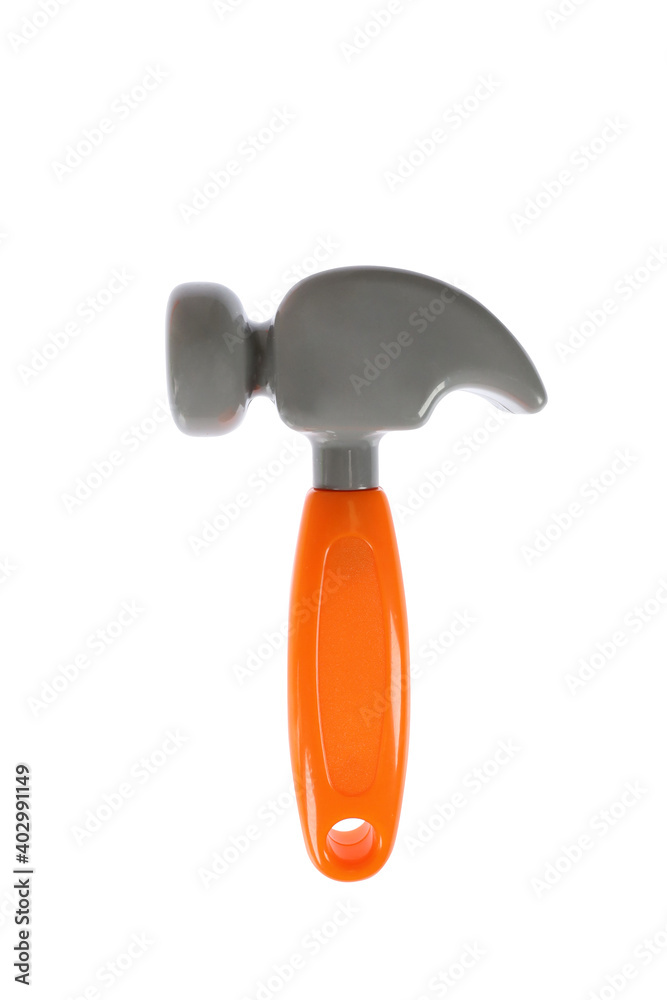 A toy plastic hammer with an orange handle. On a white background, isolated A toy plastic hammer with an orange handle. On a white background, isolated