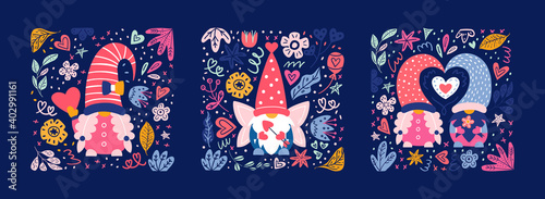 Valentine's cute gnomes cards and posters set. Dwarf boys and girls on postcard. Happy valentine's day.  Hand drawn vector illustration.