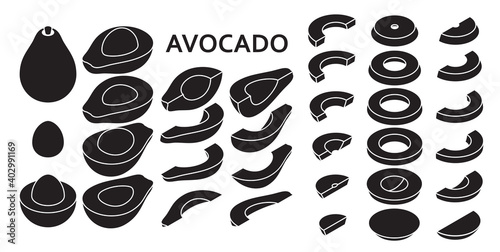 Set of fresh whole and sliced avocado isolated on white background in isometric style