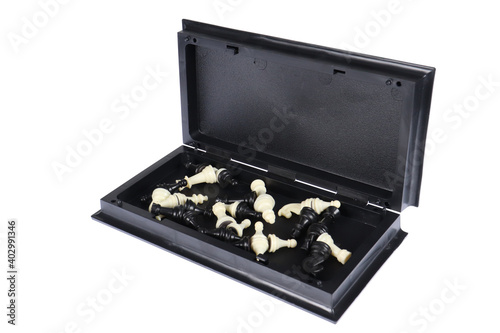 An open box with chess pieces On a white background, isolated.