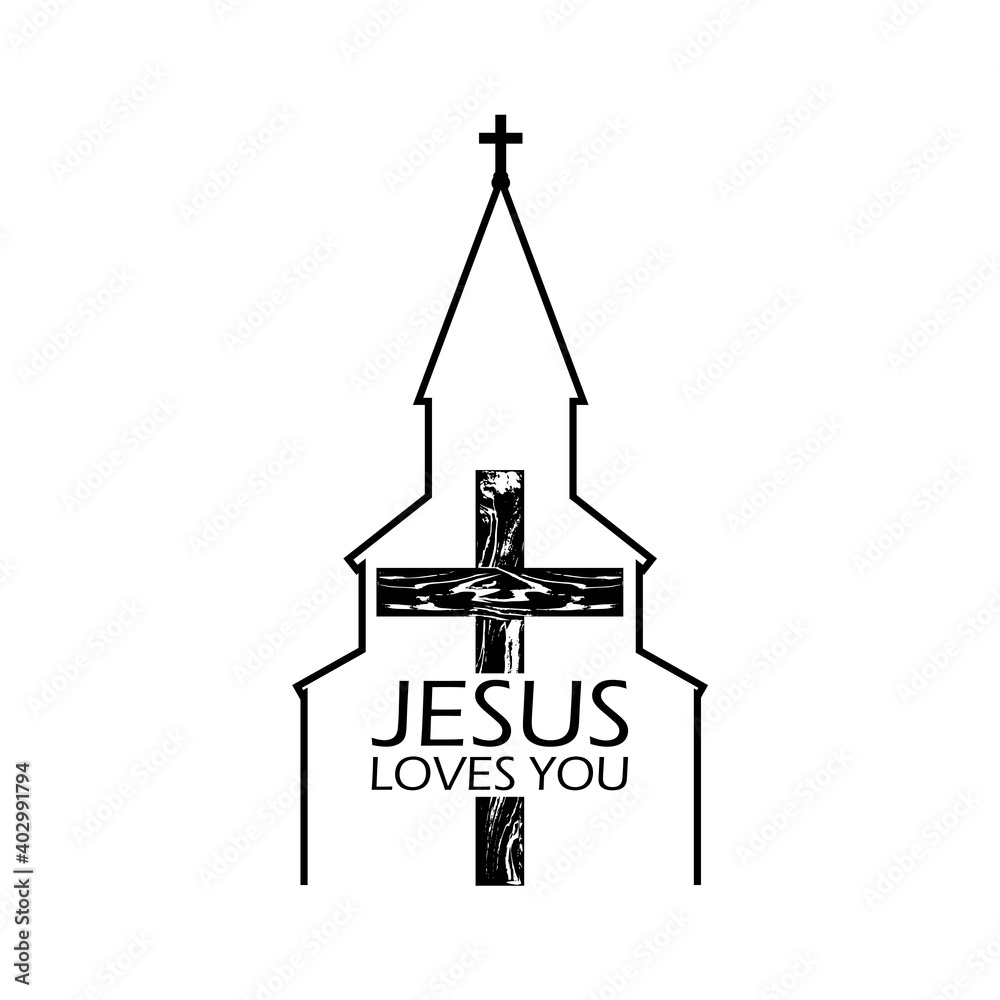 Christian cross and quote Jesus loves you icon isolated on white background