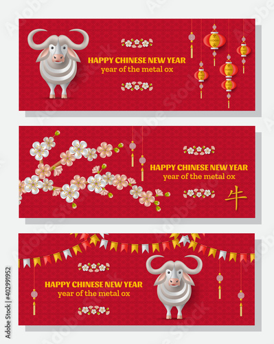 Happy Chinese New Year background with creative white metal ox, hanging lanterns. Translation ox