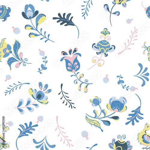 Vector seamless pattern with flowers and bird in Scandinavian style.