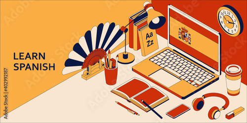 Learn Spanish isometric concept with open laptop, books, headphones, and coffee