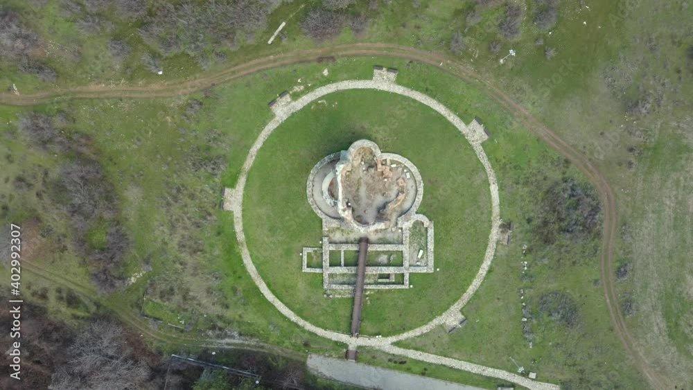Aerial view of The Red Church -Ruins of early Byzantine Christian basilica near town of Perushtitsa, Plovdiv Region, Bulgaria Aerial view of The Red Church -Ruins of early Byzantine Christian basilica near town of Perushtitsa, Plovdiv Region, Bulgaria
