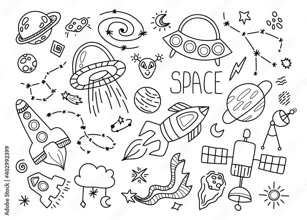 Space black and white doodle set - hand drawn line isolated items with space, stars, galaxy, constellation, ufo, planet, cute vector kids elements for design on white background