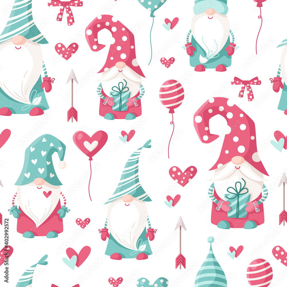 Valentine cartoon gnome seamless pattern - cute valentine day characters for kids, nursery dwarfs endless digital paper in pink and peppermint color, background for textile, scrapbooking, wrapping
