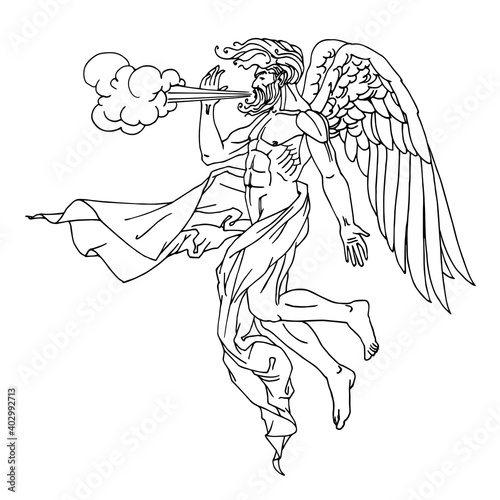 north wind Boreas, Greek god in drapery, flying on wings, mythological character, weather concept, vector illustration with black ink lines isolated on white background in cartoon and hand drawn style photo