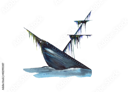 A sunken pirate ship at the bottom of the ocean isolated on a white background. Hand-drawn watercolor illustration