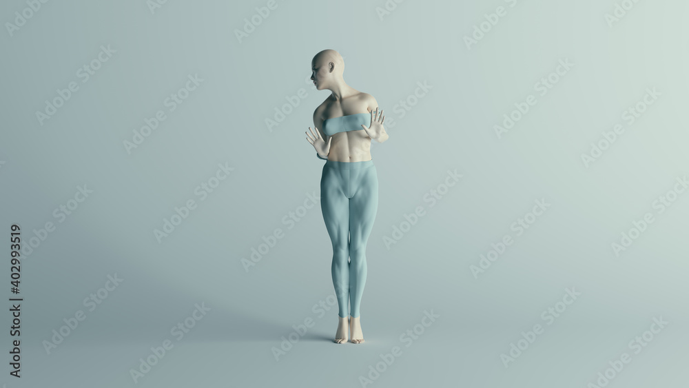Futuristic Leaning Female Character in Turquoise Leggings and Small Top 3d illustration render