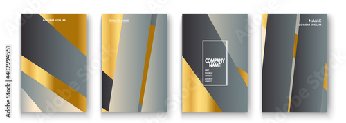 Luxurious and rich cover vector illustration set, golden foil and gold lines. Grey yellow abstract background template invitation. Geometric shapes trendy pattern for design presentation, print, web