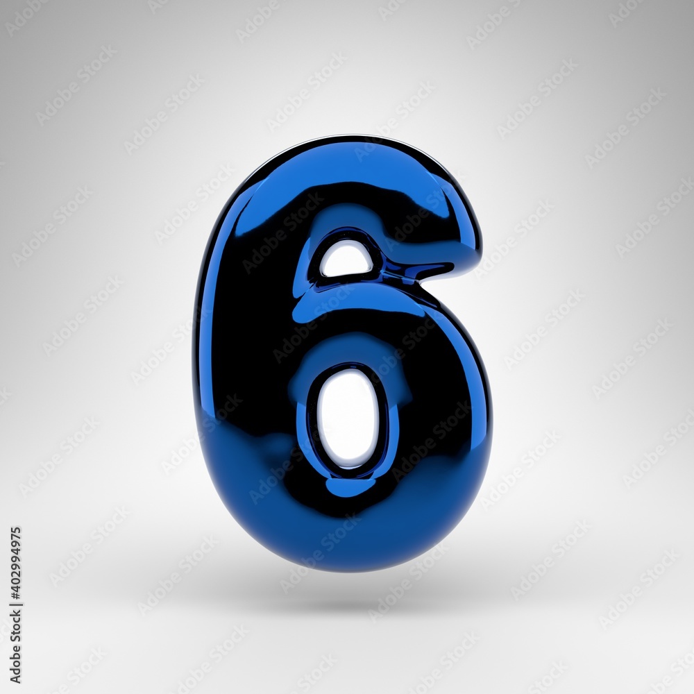 Number 6 on white background. Blue chrome 3D number with glossy surface. Number 6 on white background. Blue chrome 3D number with glossy surface.