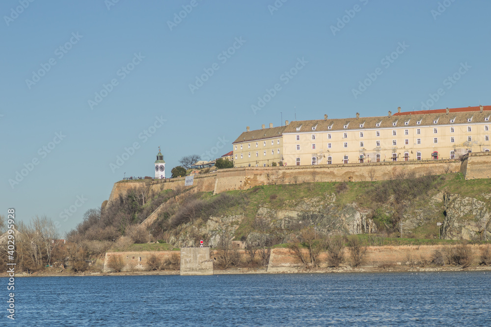 Novi Sad, Serbia - December 27. 2020: Panorama of the Petrovaradin fortress on the bank of the Danube. Novi Sad, Serbia 