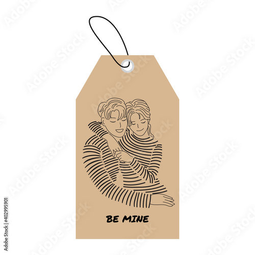 Cute woman hug her boyfriend. Valentine's day hang tag card design. Minimalism hand drawn style flat vector isolated on white.
