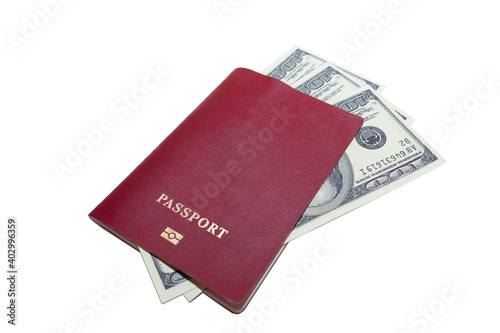 Money in passport on white background