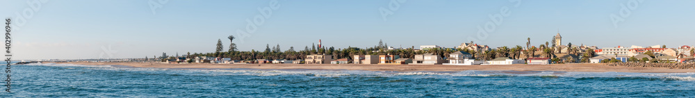 Beach scene, as seen from the historic jetty, in Swakopmund Beach scene, as seen from the historic jetty, in Swakopmund