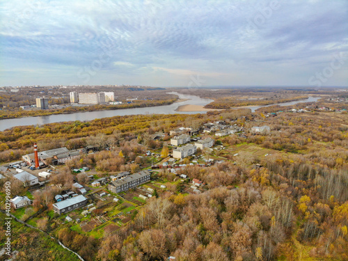 Aerial view of the Match Factory area in autumn (Kirov, Russia)