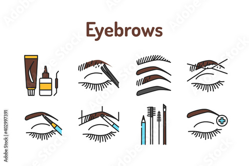 Eyebrows service color line icons set. Pictograms for web page, mobile app, promo.