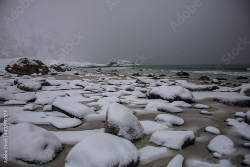 Winter in Bleik Beach, Lofoten Islands, Northern Norway