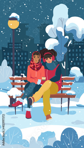 Two girls in a city park are hugging while sitting on a bench in winter. LGBT couple. Female transgender romantic partners. Vector illustration.