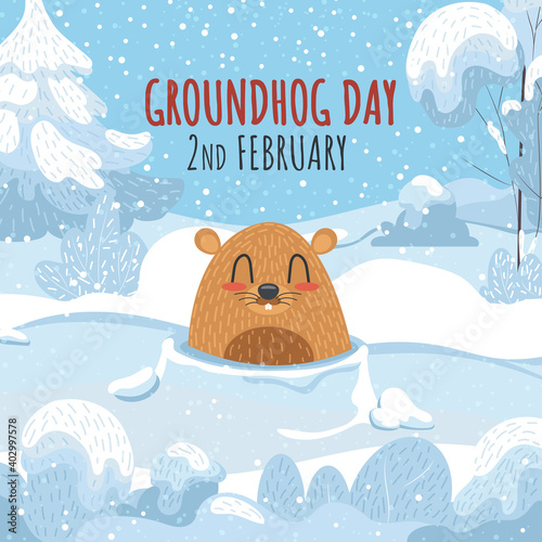 Beautiful winter greeting card with Happy Groundhog Day. Small rodent in a snowy forest. Cute vector illustration.