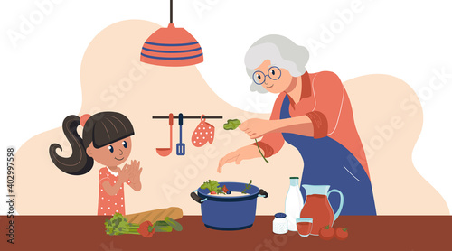 Grandmother and granddaughter spend time together in the kitchen. The child is on school holidays. Vector illustration