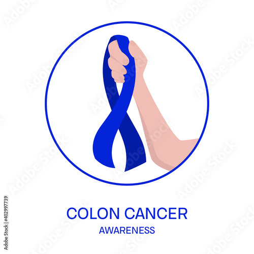 Colon cancer awareness ribbon in hand medical illustration