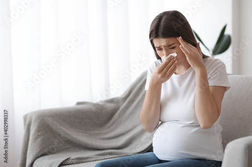 Pregnancy Illness. Sick Young Pregnant Woman Feeling Unwell At Home